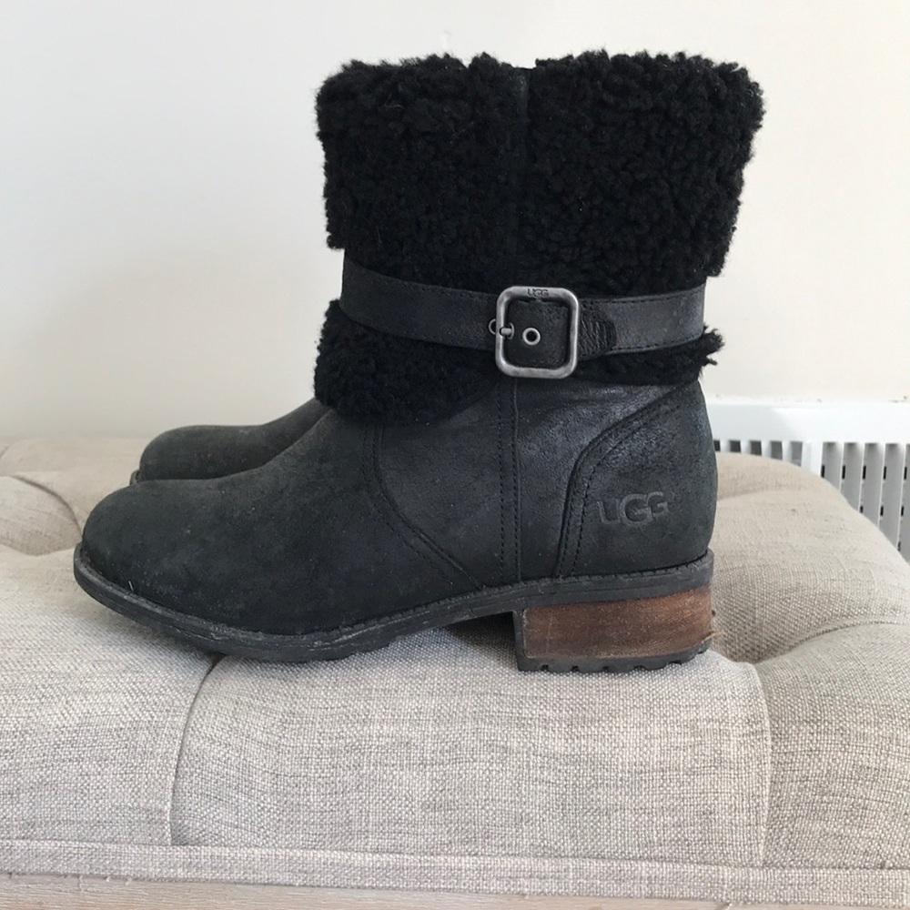 Ugg black leather boots w shearling cuff 6